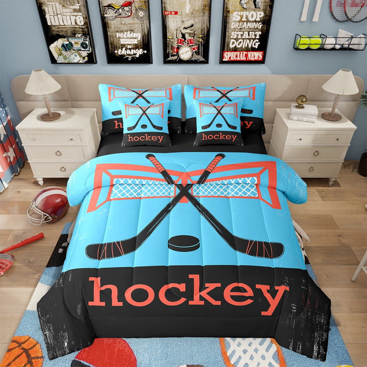 7 Piece Ice Hockey Bedding Sets Sports Bed in a Bag Teen Ice Hockey Field Print Comforter Set with Sheets Winter Sports Themed Bed Set Geometry Stripes Sheets Twin Size