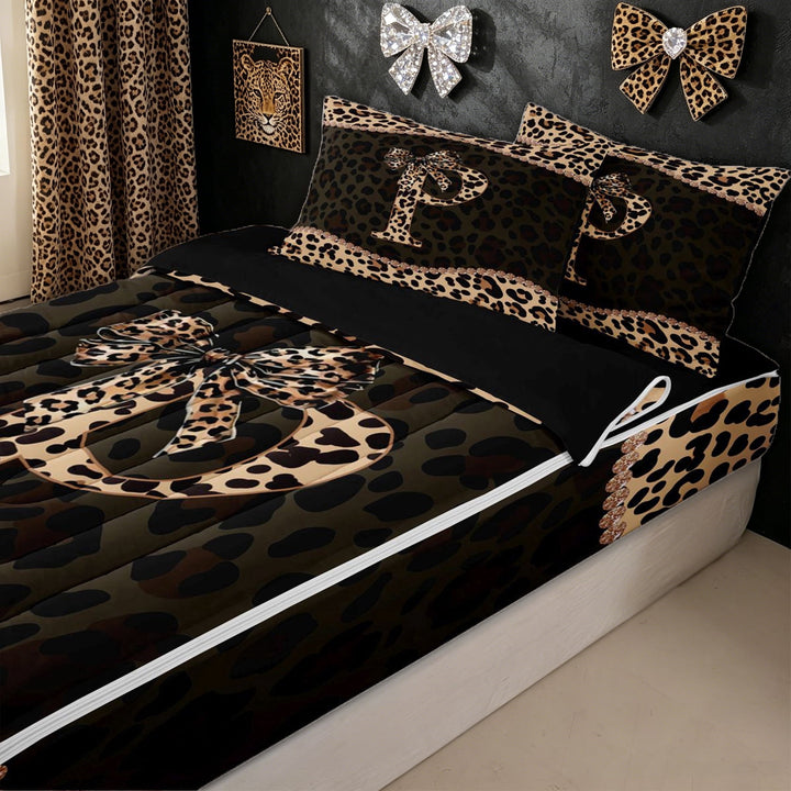 meiyoeat Leopard Print Letter P Zipper Full Size Comforter Sets with Fitted Sheet and 2 Pillowcases for Girls, Bow Diamond Zipper Bedding Set, Brown Black, Black Reversible, 4pcs