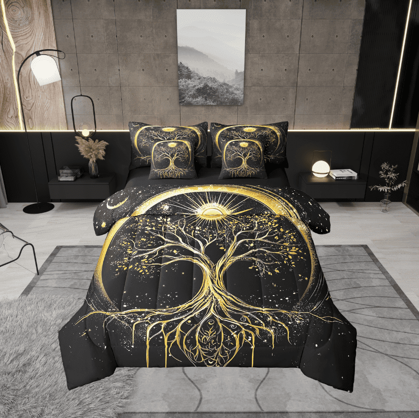 Erosebridal Tree Of Life Bedding Queen Size,Black Golden Bedding Sets Queen Size,Hippie Bohemian Comforter Sets with Sheets,Ultra Soft Boho Bedroom Decoration,Reversible,7 Pieces