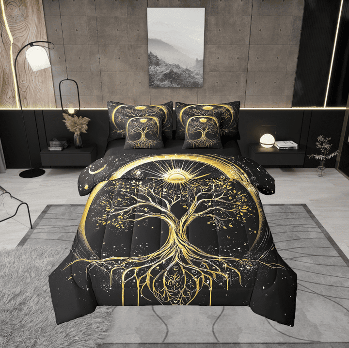 Erosebridal Tree Of Life Bedding Queen Size,Black Golden Bedding Sets Queen Size,Hippie Bohemian Comforter Sets with Sheets,Ultra Soft Boho Bedroom Decoration,Reversible,7 Pieces