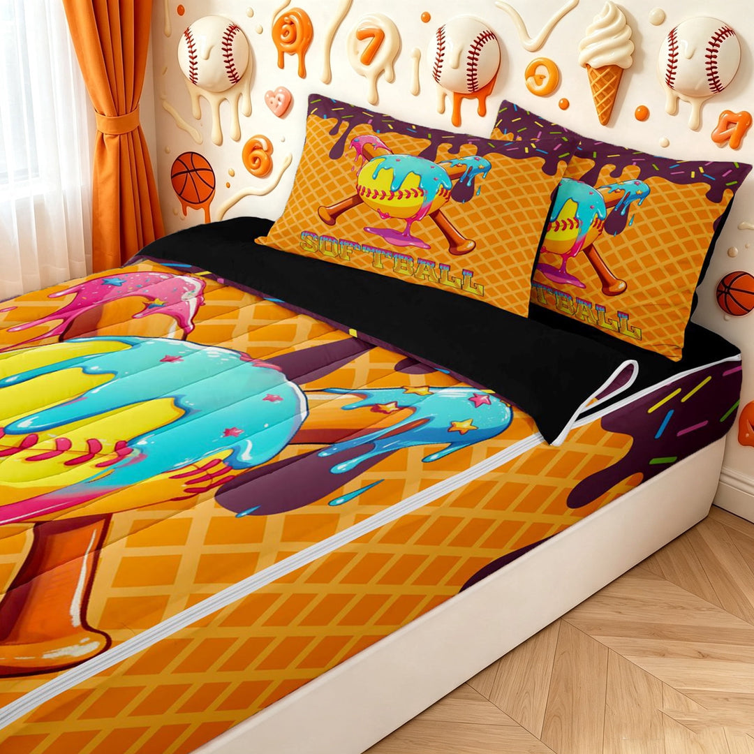 meiyoeat Softball Ice Cream Zipper Full Size Comforter Sets with Fitted Sheet and 2 Pillowcases for Girls, Candy Baseball Bat Drip Zipper Bedding Set, Black Reversible, 4pcs