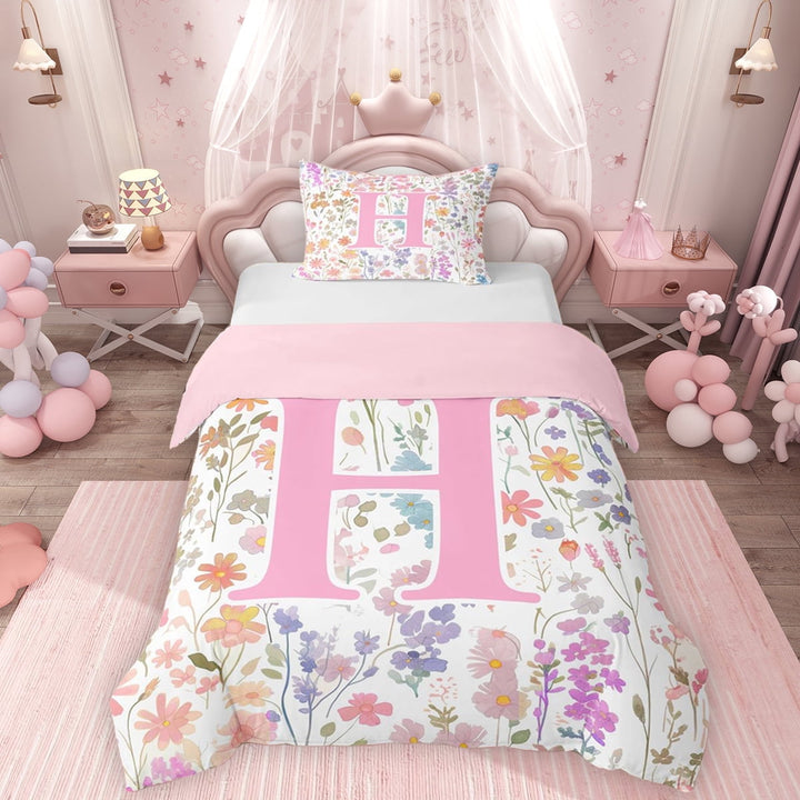 Erosebridal Erosebridal Girls Pink Floral Twin Bedding, Garden Flower Duvet Cover Set, Monogrammed H, Pink Reversible, 1 Duvet Cover and 1 Pillowcase (No Comforter)