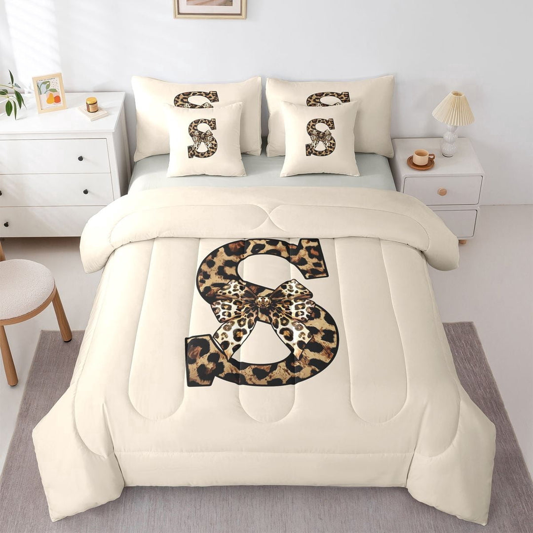 Erosebridal S Letter Monogrammed Twin Bedding Sets 7-Piece For Teens Adults,Girls Boys Vintage Cheetah Print Bow Bedding Comforter Set,Grey Reversible