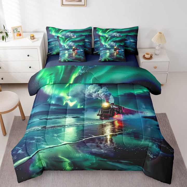 Red Train Twin Bedding Set Retro Steam Engine 7 Pieces Comforter Set Teens Vintage Traffic Green Polar Lights Bed In A Bag,Vehicles Galaxy Comforter,Soft