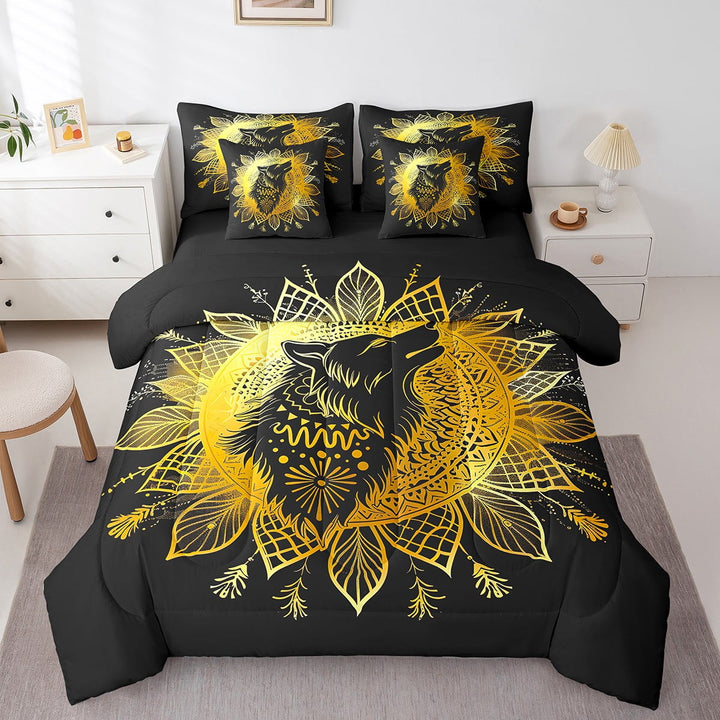 7 Pieces Fox Bed Sets Twin Bohemian Mandala Comforter And Sheets - Boho Flower Bed In A Bag Teens, Tribal Exotic Animal Comforter Floral Bedding Sheet Set Pillowcase, Gold Black