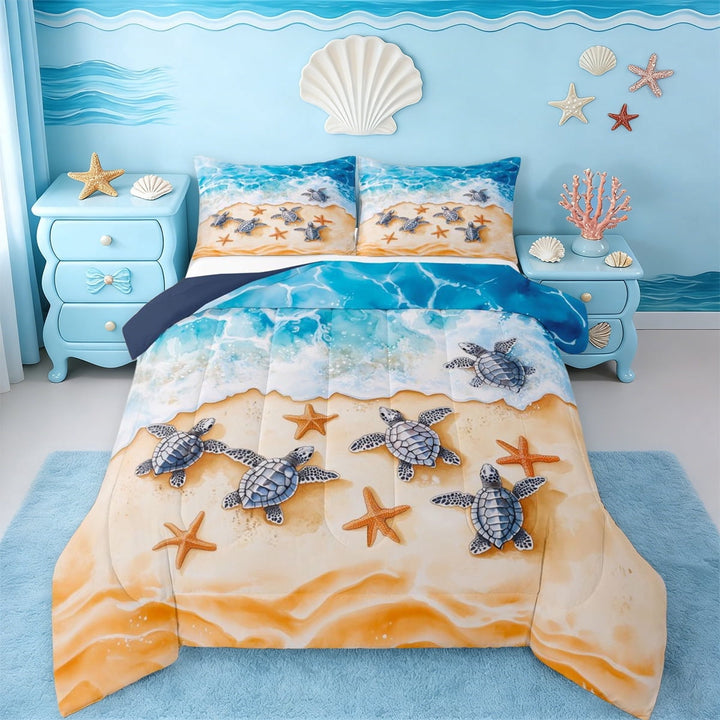 Erosebridal Ocean Animal Turtle Full Size Comforter Sets,Sea Beach Nautical Coastal Kawaii Starfish Bedding Sets For Girls Kids,Reversible Navy Blue,3 Pieces