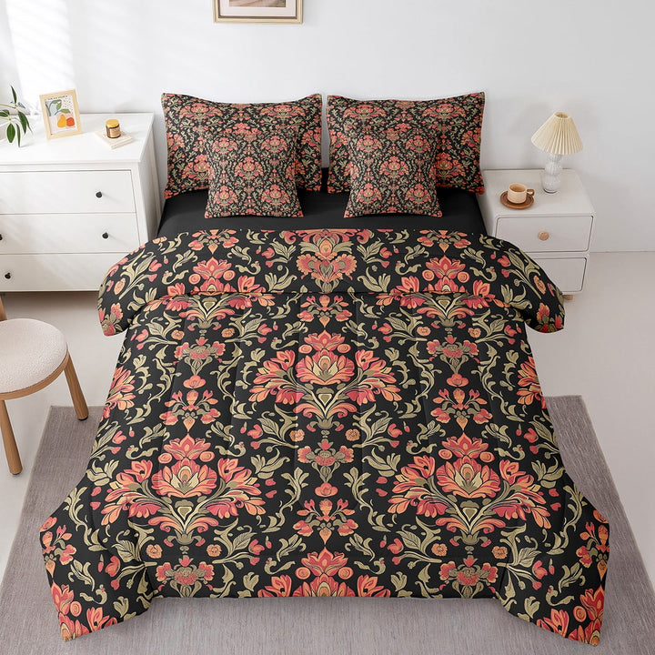 Erosebridal Elegance Damask Bed in a Bag Queen size, Black and Red Bed Set, Ultra Soft 7-Piece