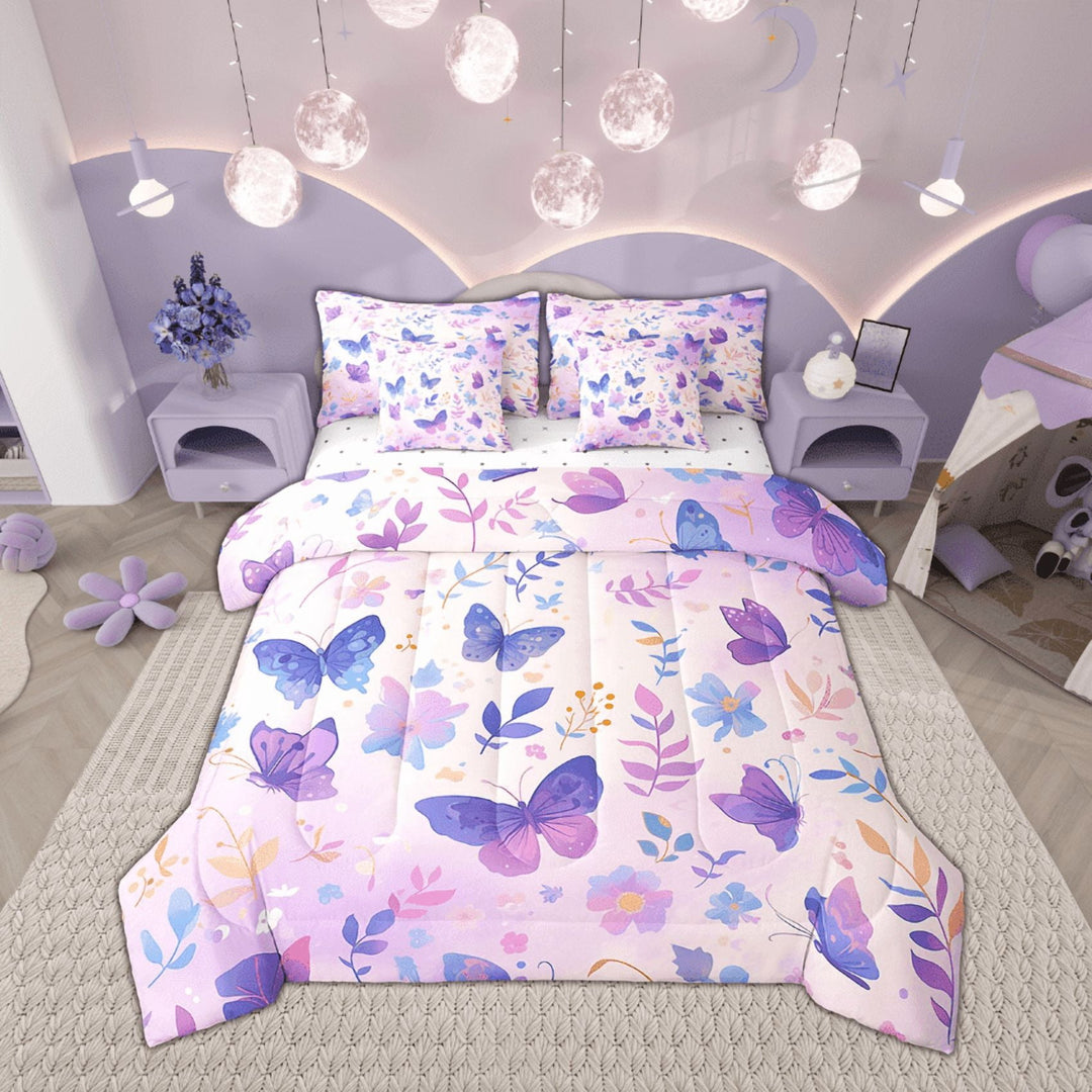 7-Piece Purple Butterfly Bedding King Size Chic Animals Comforter Set , Pink Blue Floral Bedding Comforter Sets Botanical Leaves Bed in a Bag, Watercolor Flower Bedding Accessories