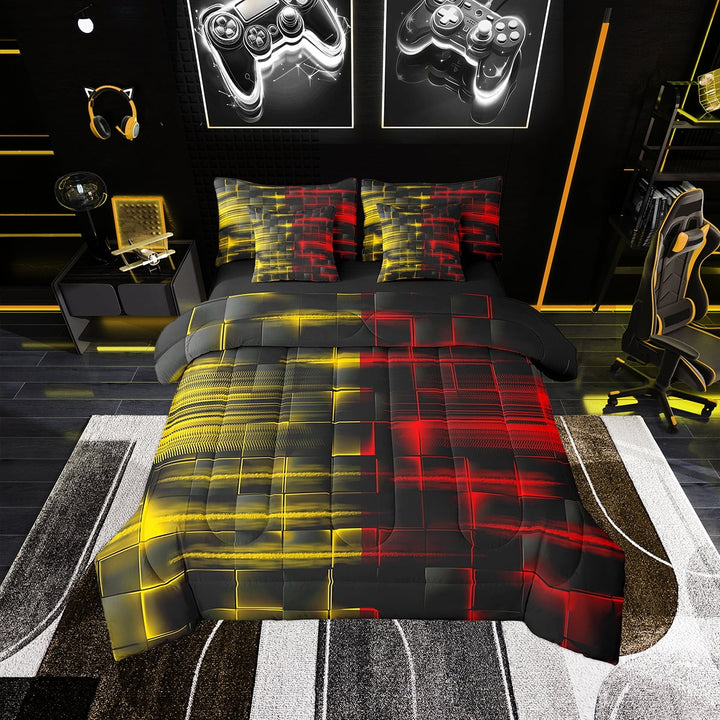 Erosebridal Red and Yellow Comforter Set With Sheets7 piece Twin Size Geometric Bed in a Bag Geometry Strip Lines Bedding Set Abstract Art Bed Set with Comforter,Sheets,Pillowcases