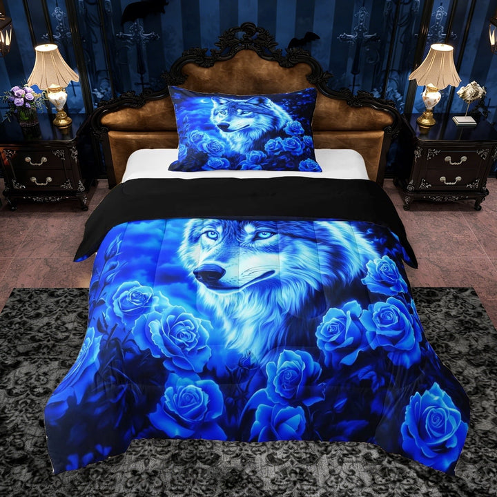 Erosebridal Wild Wolf Twin Comforter Sets, Blue Rose Floral Bedding Set, Black Reversible, 1 Comforter and 1 Pillowcase
