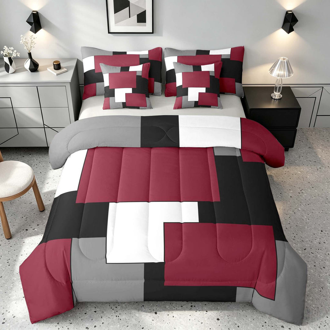Manfei Burgundy Geometric Queen Bedding, Abstract Plaid Bedding Comforter Set Queen, Black White Red Gray, Gray Reversible 7-Piece
