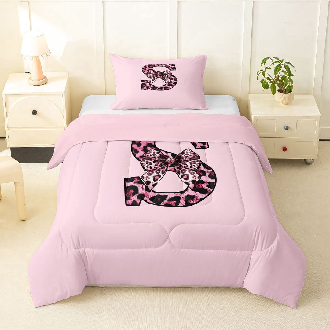 Erosebridal Black Pink Leopard Print Bow Knot Girl Twin Comforter Sets 3-Piece,Personalized Initial S Bedding Set For Teens,Pink Reversible