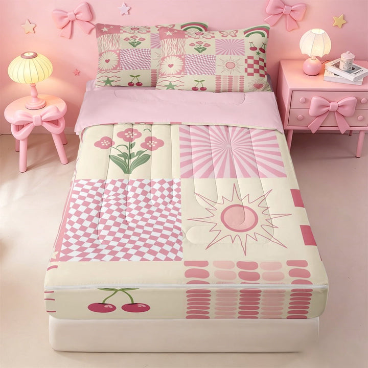 meiyoeat Sweet Cherries Stars Zipper Twin Comforter Sets with Fitted Sheet and 2 Pillowcases For Girls,Kawaii Loves Pattern Zipper Bedding Set,Pink Reversible,4pcs