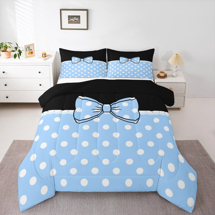 Erosebridal Blue Bow-tie Bedding Sets Twin with Comforter, Princess Bowknot Duvet Insert, Cute Polka Dot Decor, Lightweight