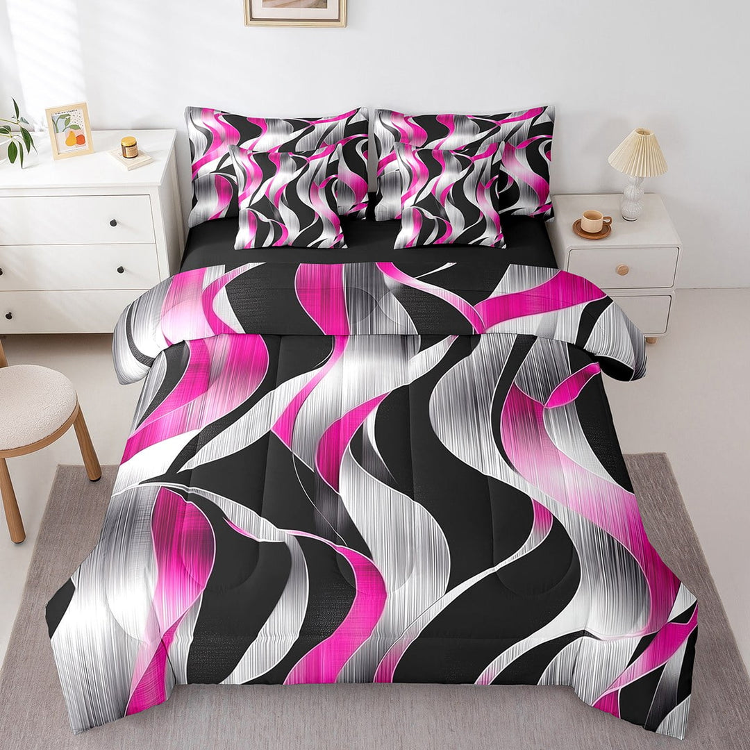 Erosebridal Pink Stripes Bedding Sets Twin Size,Abstract Artwork Comforter Sets with Sheets,Spiral Lines Bed in a Bag Twin size,Lightweight Geometric Bedroom Decorative,Reversible,7pcs