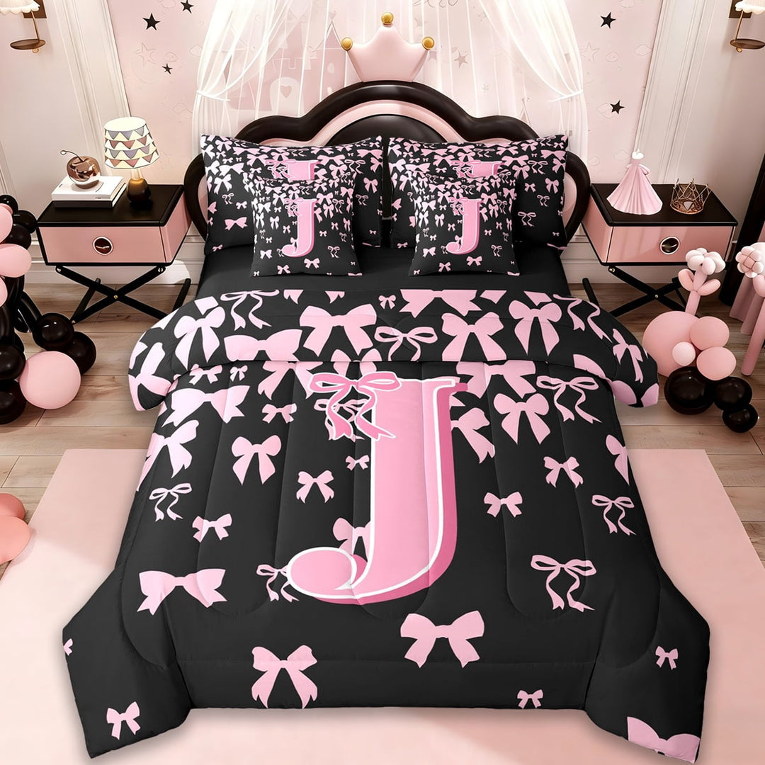 jejeloiu Initial Letter J Bedding Comforter Set 7pcs,Kawaii Bow Bowknot Queen Bedding Sets,Light Pink Black Queen Sets For Girls,Breathable Bedroom Decoration Reversible