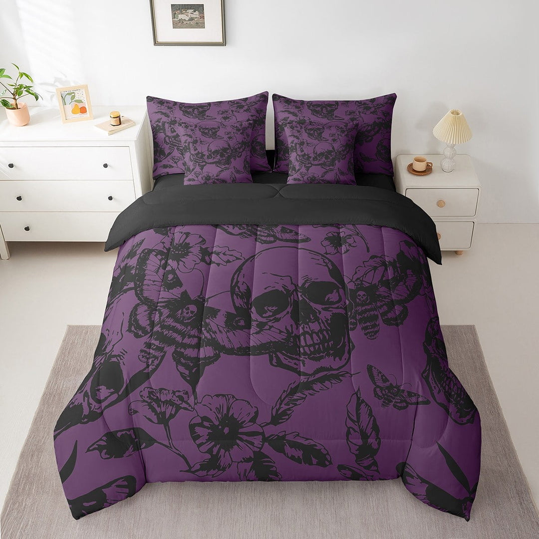 Erosebridal Damask Moth Skull Bedding Queen Size, Purple Bed in a Bag Queen size, Mandala Flower Decor, Reversible 7-Piece