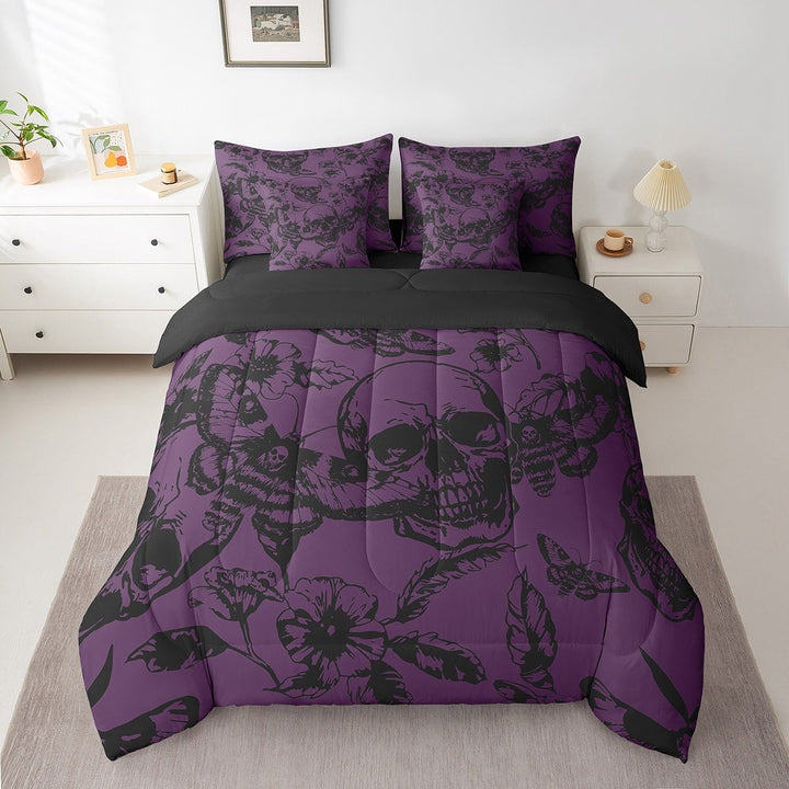 Erosebridal Damask Moth Skull Bedding Queen Size, Purple Bed in a Bag Queen size, Mandala Flower Decor, Reversible 7-Piece