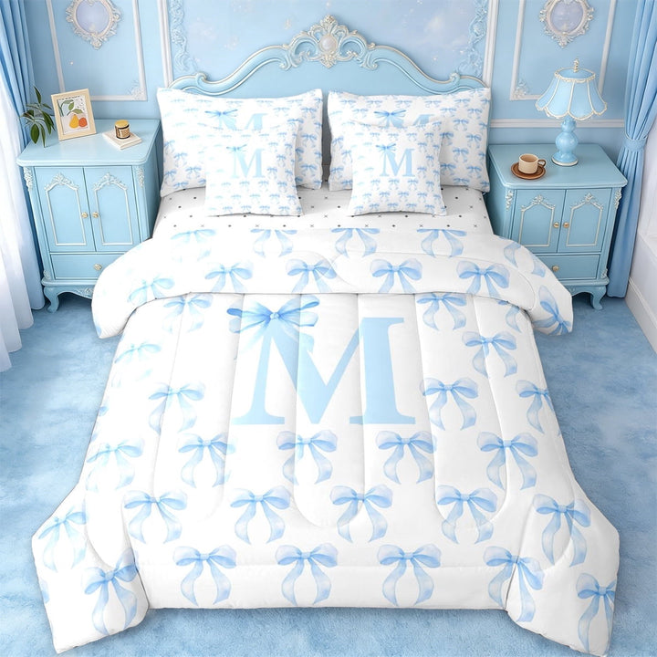 Erosebridal Coquette Bow Tie 7-Piece Twin Bedding Sets For Kids,Blue Letter M Monogram Bedding Comforter Set,Reversible