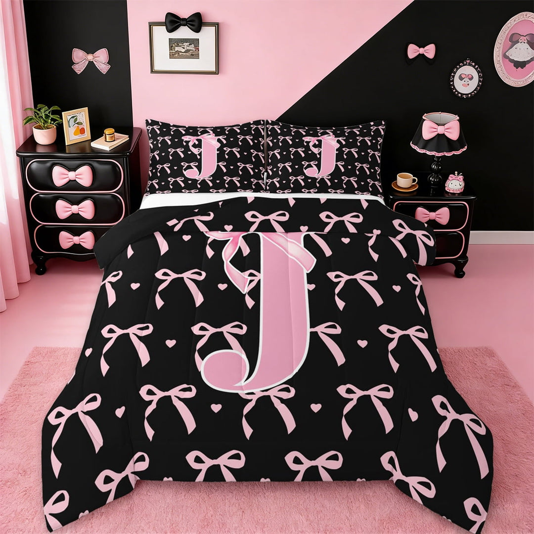 jejeloiu Initial Letter J Queen Comforter Set,Kawaii Bowknot Bedding Sets,Pink Black Bedding Comforter Set For Girls,Breathable Bedroom Decoration Reversible,3pcs