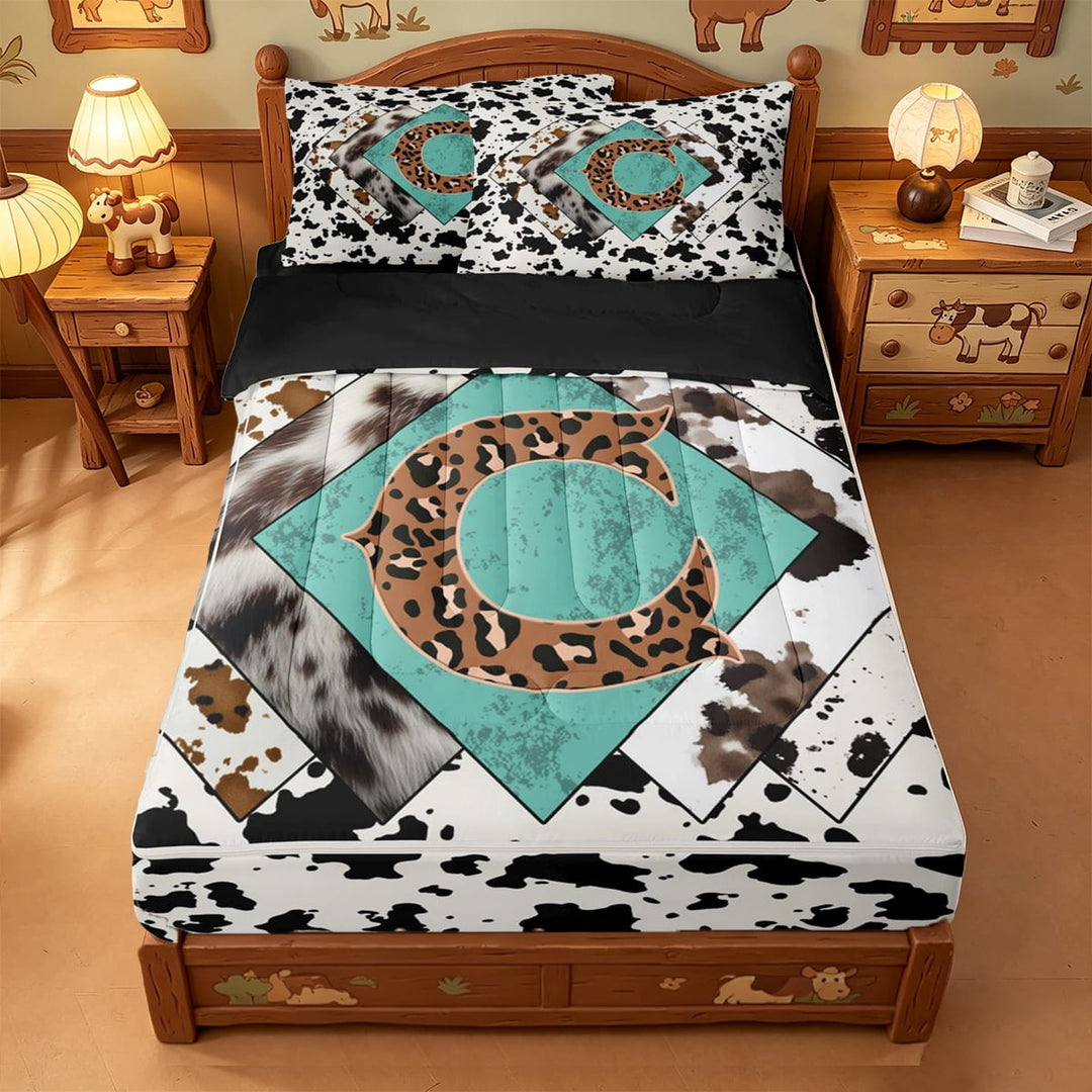 meiyoeat Cow Print Initial C Zipper Twin Comforter Sets with Fitted Sheet and 2 Pillowcases For Boys,Vintage Leopard Letter Design Zipper Bedding Set,Black Reversible,4-Piece