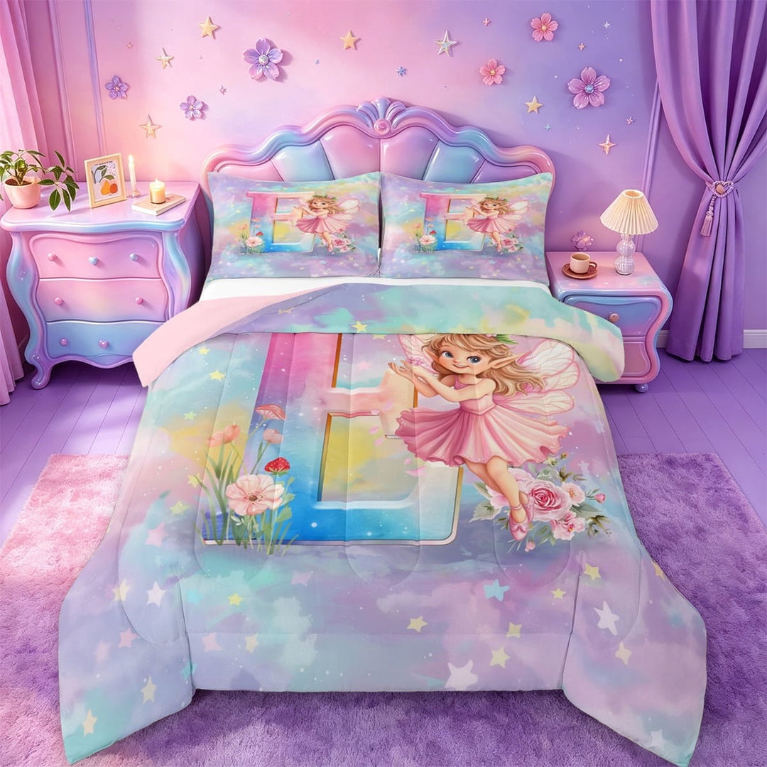 jejeloiu Rainbow Monogram E Queen Comforter Set For Kids,Magical Flower Cartoon Girls Bedding Comforter Set,Pink Reversible,3-Piece