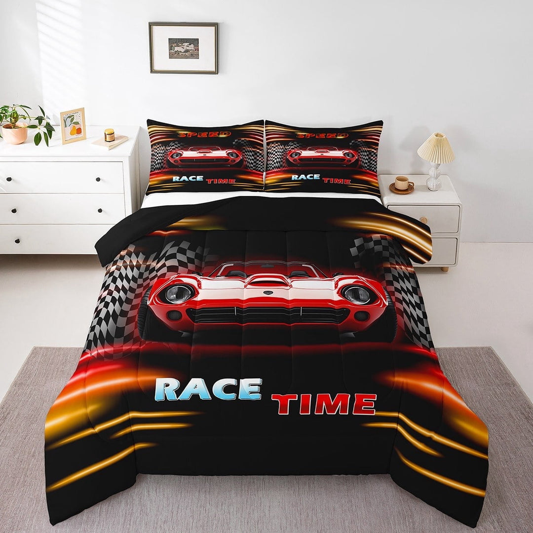 Erosebridal Fast Car Bedding Twin Comforter Set,Orange Red Down Comforter,Car Theme Bedding Sets Twin with Comforter,Microfiber Geometric Room Decorative,Reversible,3pcs