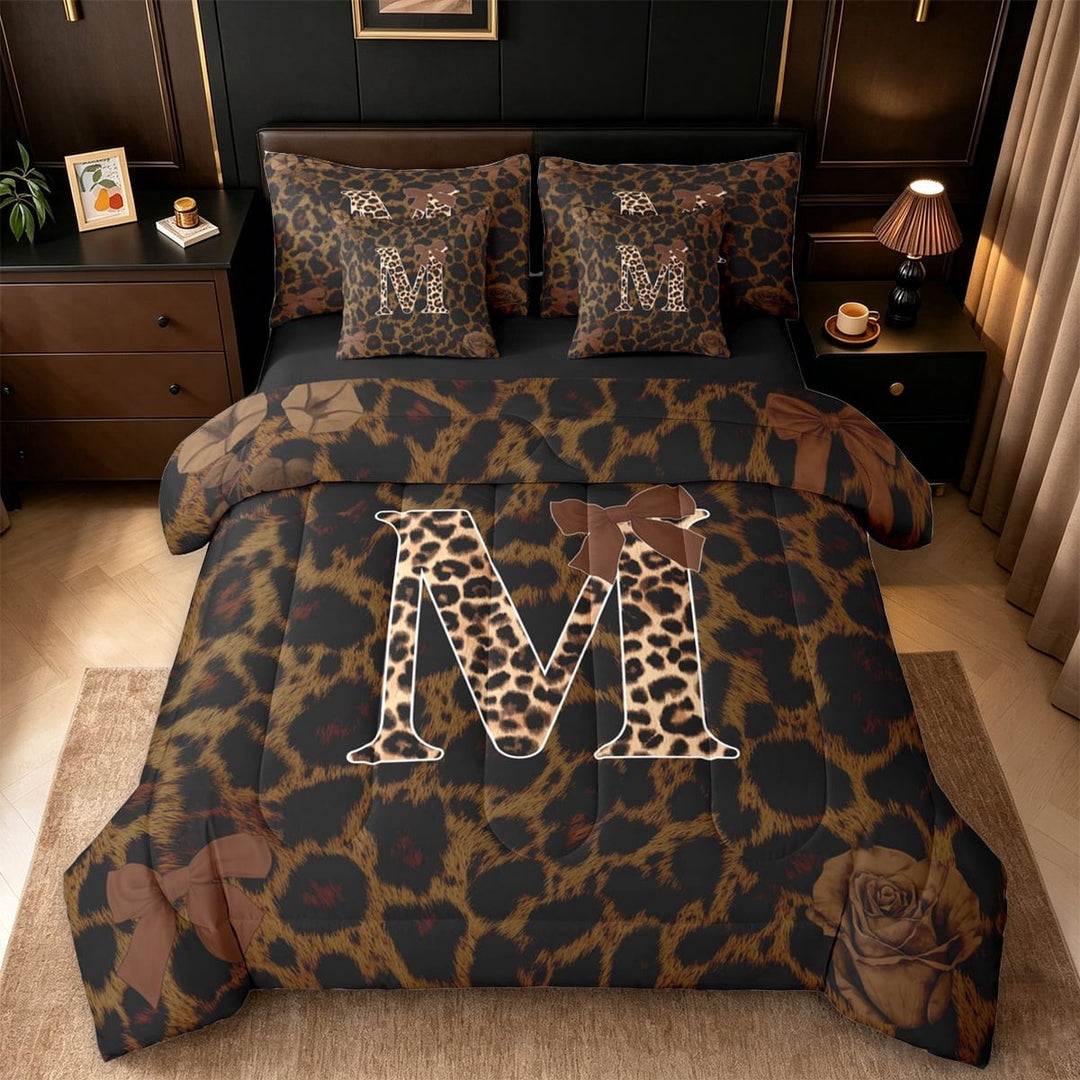 Erosebridal Leopard Pattern Personalized Gifts 7-Piece Twin Bedding Sets,Brown Bowtie Alphabet M Bedding Comforter Set For Adult Women,Black Reversible