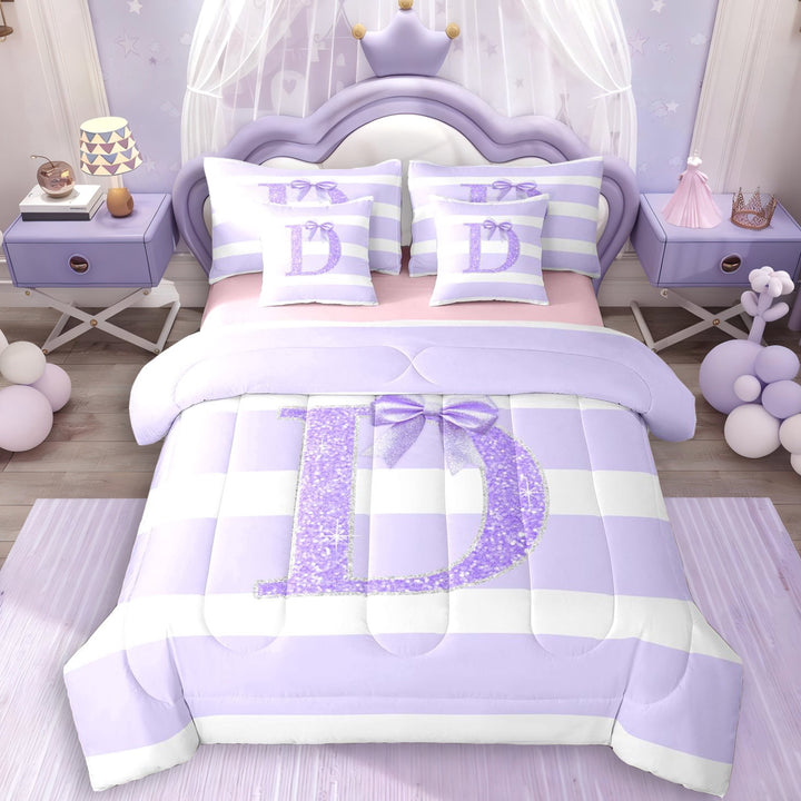 Erosebridal Bling Glitter Print Stripes Twin Bedding Sets 7-Piece For Boys Girls,Teens Purple Bow D Letter Monogrammed Bedding Comforter Set,Pink Reversible