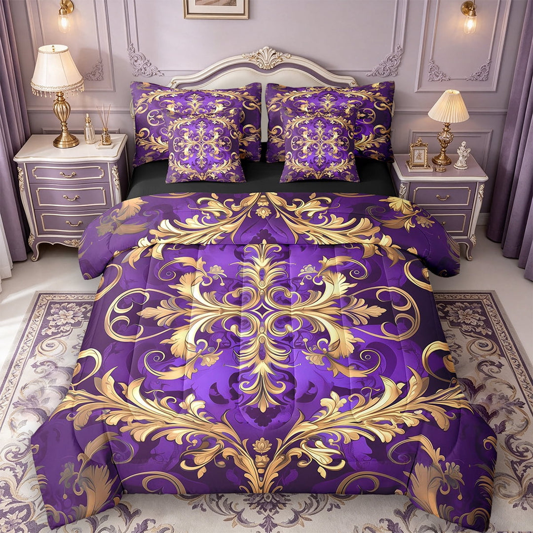 Erosebridal Boho Damask Bedding Sets King Size,Baroque Floral Style Bedding Sets King Size,Gold Purple Gothic Theme Bed in a Bag King Size For Teens,Ultra Soft Room Decoration Reversible,7-Piece