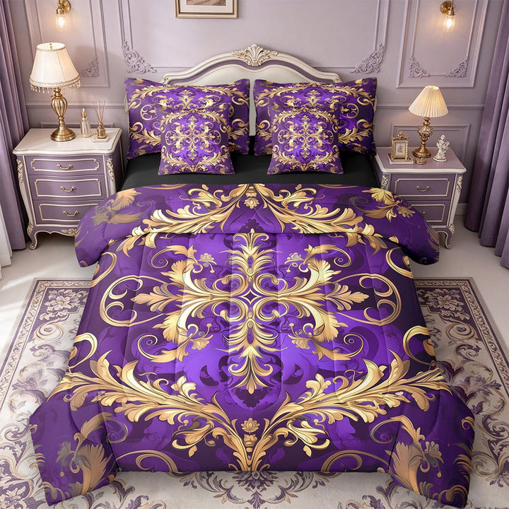 Erosebridal Boho Damask Bedding Sets King Size,Baroque Floral Style Bedding Sets King Size,Gold Purple Gothic Theme Bed in a Bag King Size For Teens,Ultra Soft Room Decoration Reversible,7-Piece