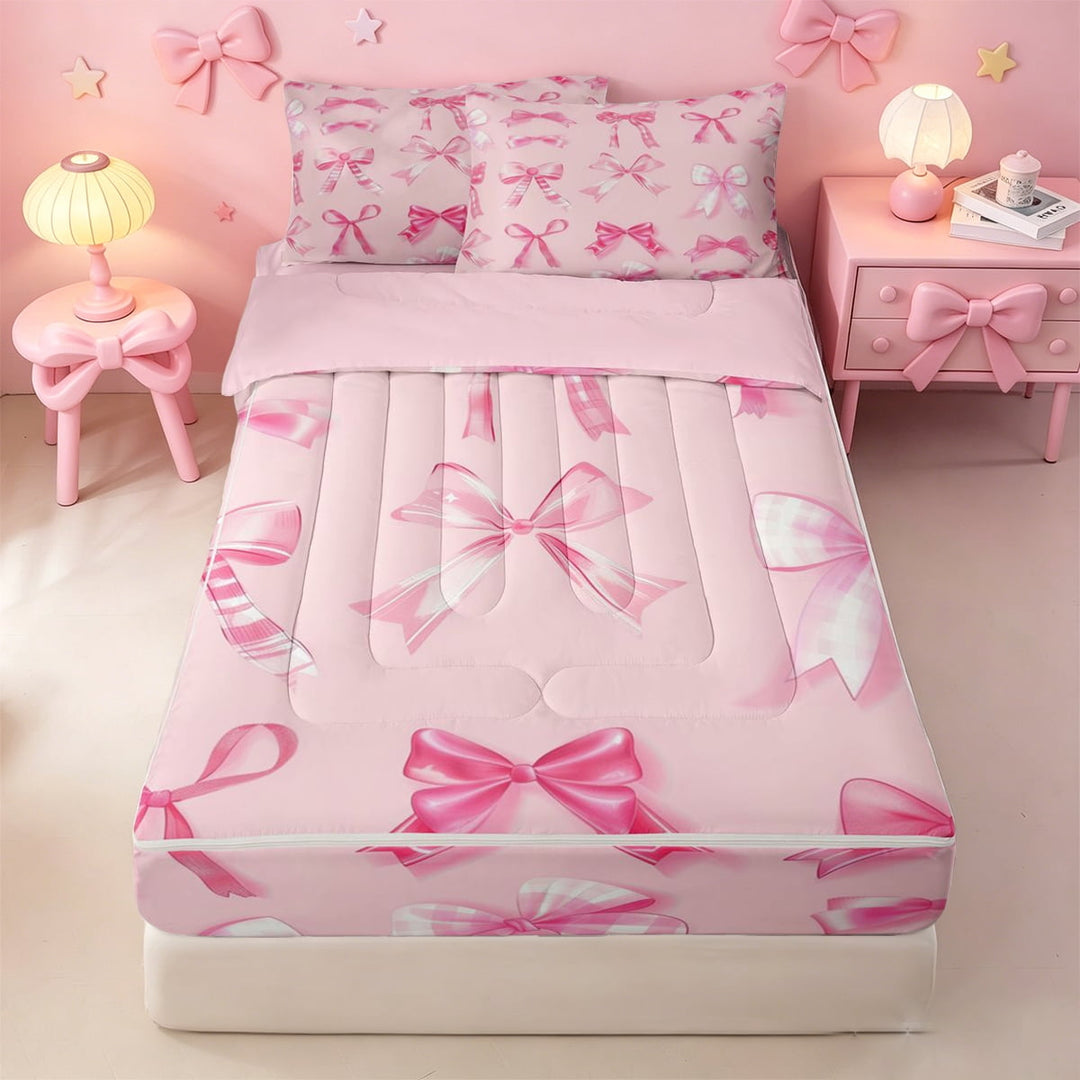 meiyoeat Cute Coquette Bow Zipper Full Size Comforter Sets with Fitted Sheet and 2 Pillowcases For Girls Kids,Pink Ribbon Bowtie Zipper Bedding Set For Bowknot Lovers,Pink Reversible,4 Pieces