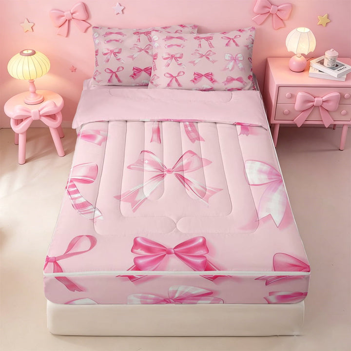 meiyoeat Cute Coquette Bow Zipper Full Size Comforter Sets with Fitted Sheet and 2 Pillowcases For Girls Kids,Pink Ribbon Bowtie Zipper Bedding Set For Bowknot Lovers,Pink Reversible,4 Pieces