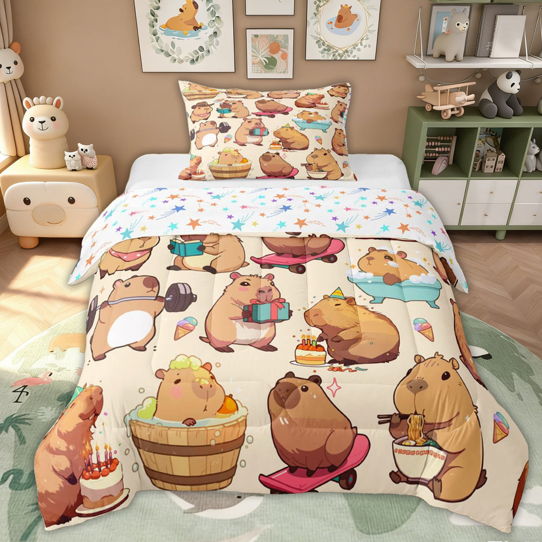 Erosebridal Cartoon Capybara Kids Twin Comforter Sets, Funny Animals Bedding Set, 2pcs