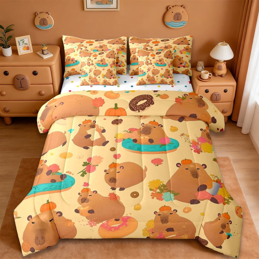 Erosebridal Kawaii Rodent Animal Capybara 7-Piece Twin Bedding Sets,Cute Flowers Sweet Doughnut Bedding Comforter Set For Kids Reversible