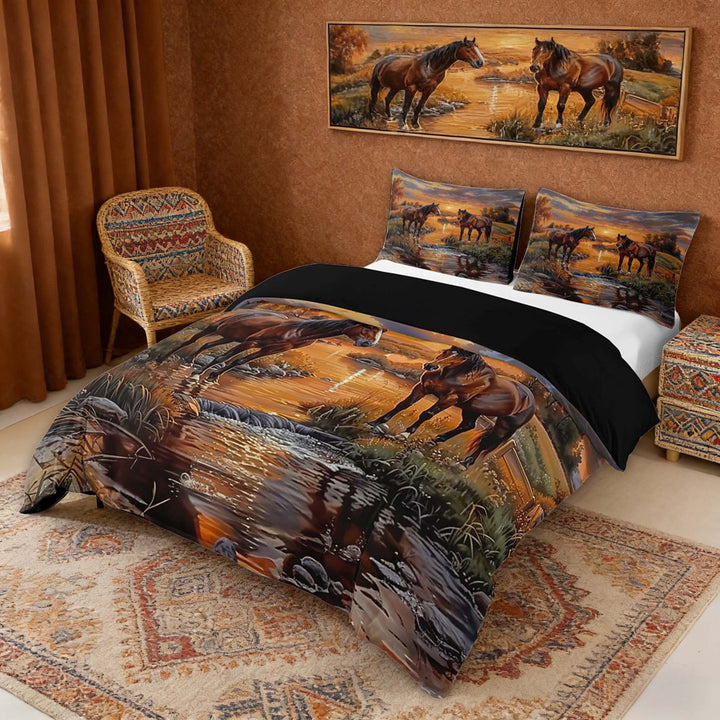 Erosebridal Brown Horse Duvet Cover Set, Rustic Farmhouse Bedding Full, Reversible 3pcs 1 Duvet Cover and 2 Pillowcases (No Comforter)