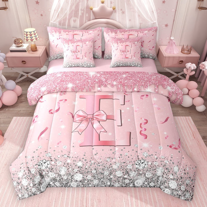 Erosebridal Dreamy Glitters Print Twin Bedding Sets for Girls, Pink Bling E Letter Bedding Comforter Set, Pink Reversible 7pcs