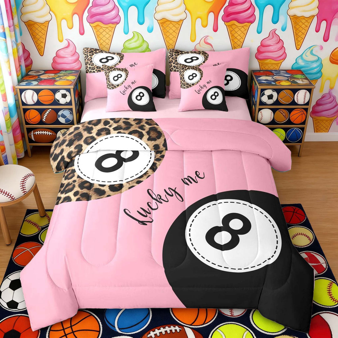 Erosebridal Leopard 8 Ball Lucky Bedding Comforter Set, Sport King Bedding Sets for Girls and Boys, Pink Reversible 7 Pieces