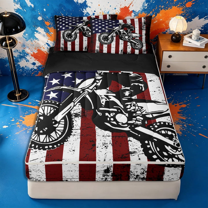 Meiyoeat Patriotic Dirt Bike Zipper Full Size Comforter Sets with Fitted Sheet and 2 Pillowcases for Men, USA Flag Print Zipper Bedding Set, Red White Blue,4pcs,Black Reversible