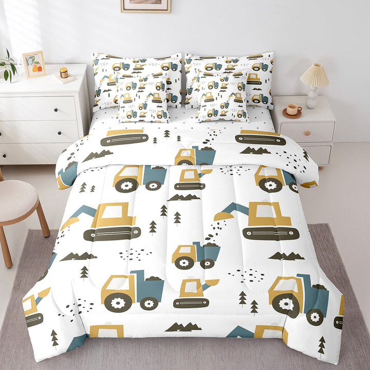 Erosebridal Truck Bed in a Bag 7pcs Construction Vehicle Bedding Set, Yellow Tractor Twin Size Comforter Set Machinery Truck Bedding Comforter Sets, Cartoon Bulldozeer Excavator Bed Set