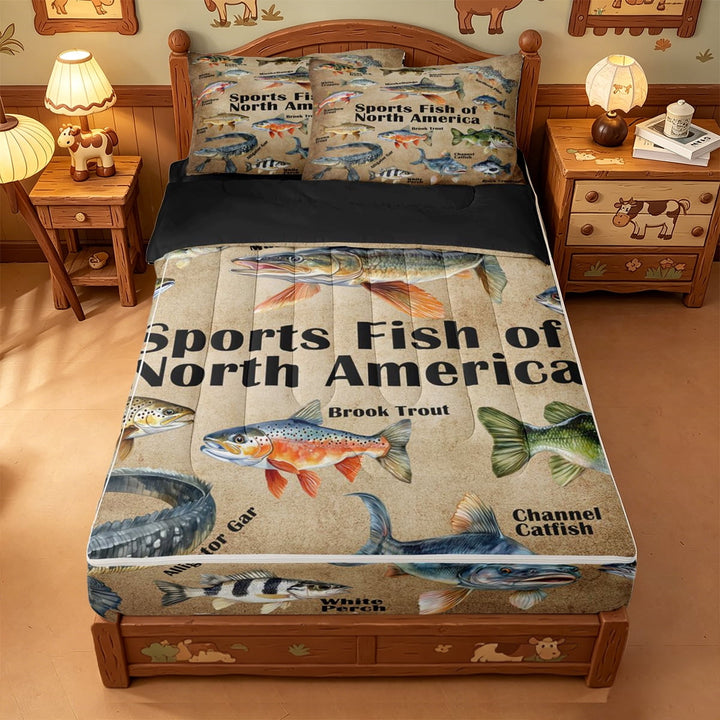 meiyoeat North Pike Fish Print Zipper Twin Comforter Sets with Fitted Sheet and 2 Pillowcases For Kids,Retro Fishing Theme Zipper Bedding Set For Boys,Black Reversible,4 Pieces