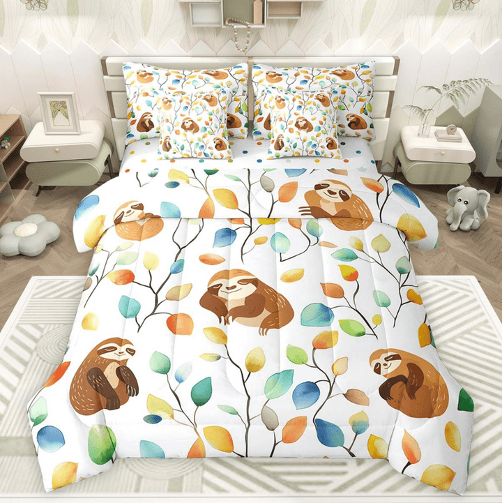 Erosebridal Cute Sloth Bed in a Bag 7 Pieces Hippie Floral Bedding Set, Chic Flower Twin Size Comforter Set Watercolor Leaves Bedding Comforter Sets, Woodland Wildlife Bed Set