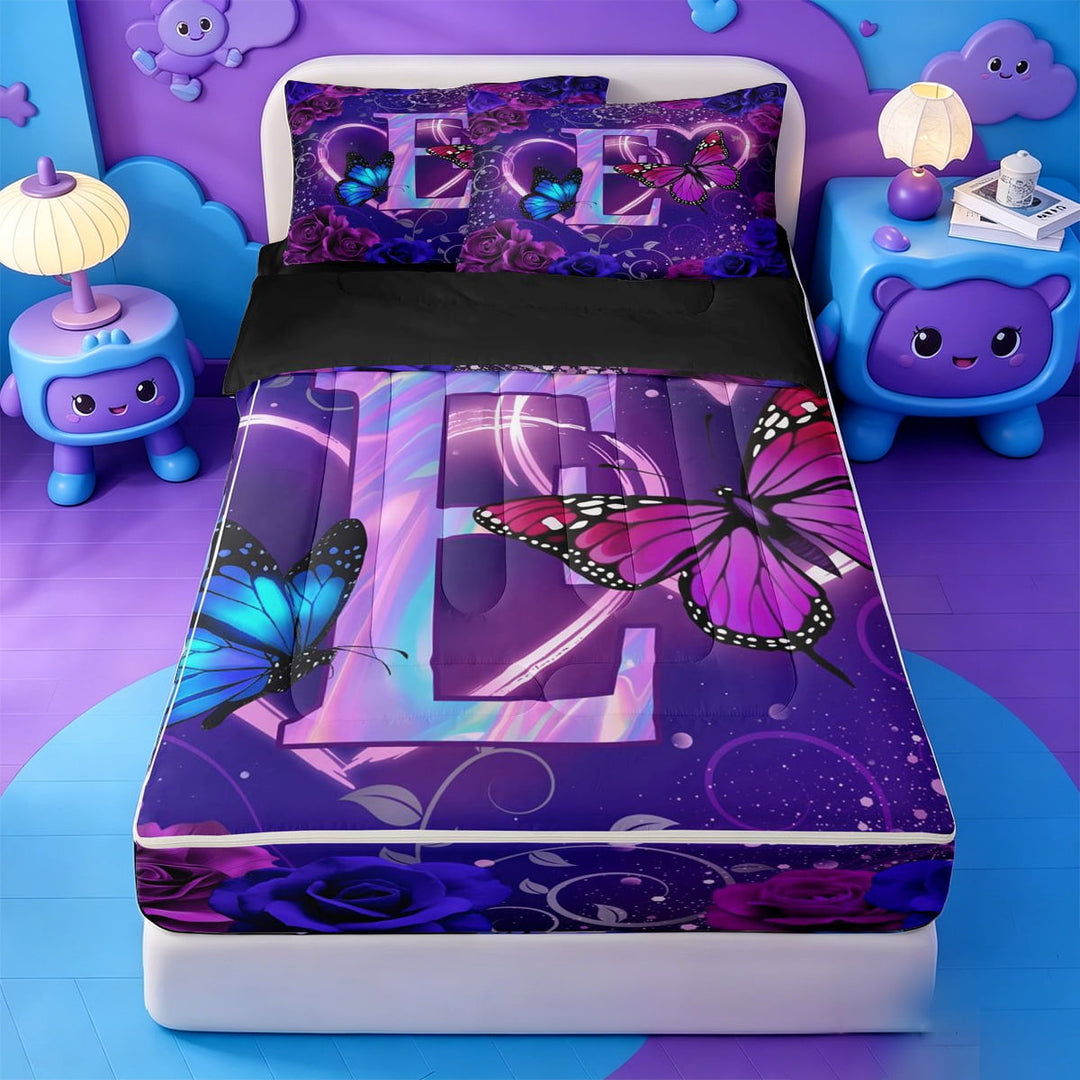 meiyoeat Purple Butterfly Initial E Zipper Full Size Comforter Sets with Fitted Sheet and 2 Pillowcases,Rainbow Gradient Neon Monogram Art Zipper Bedding Set For Girl,Black Reversible,4 Pieces