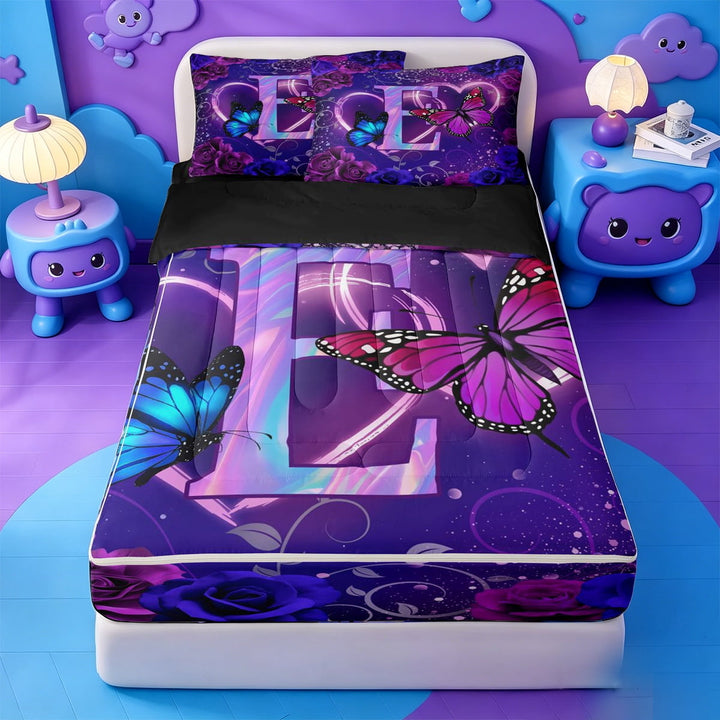 meiyoeat Purple Butterfly Initial E Zipper Full Size Comforter Sets with Fitted Sheet and 2 Pillowcases,Rainbow Gradient Neon Monogram Art Zipper Bedding Set For Girl,Black Reversible,4 Pieces