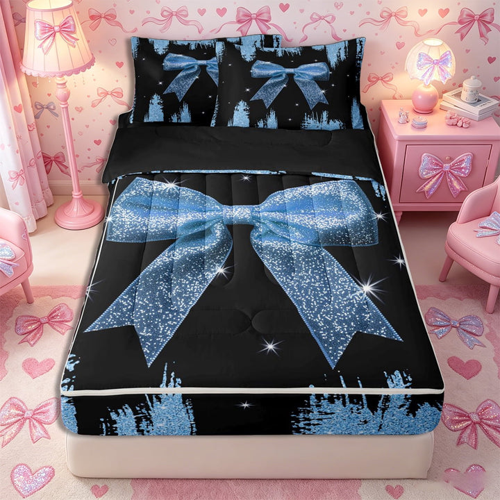 Meiyoeat Glitter Blue Bow Zipper Full Size Comforter Sets with Fitted Sheet and 2 Pillowcases, Sparkle Print Zipper Bedding Set, Blue Black,4pcs,Black Reversible