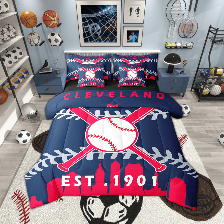 7 Pcs Comforter Set Twin Size,Sports Bed in a Bag with Flat Sheet and Fitted Sheet and Adults,Baseball Lovers Bedding Set with Pillowcase and Sham(Cleveland)