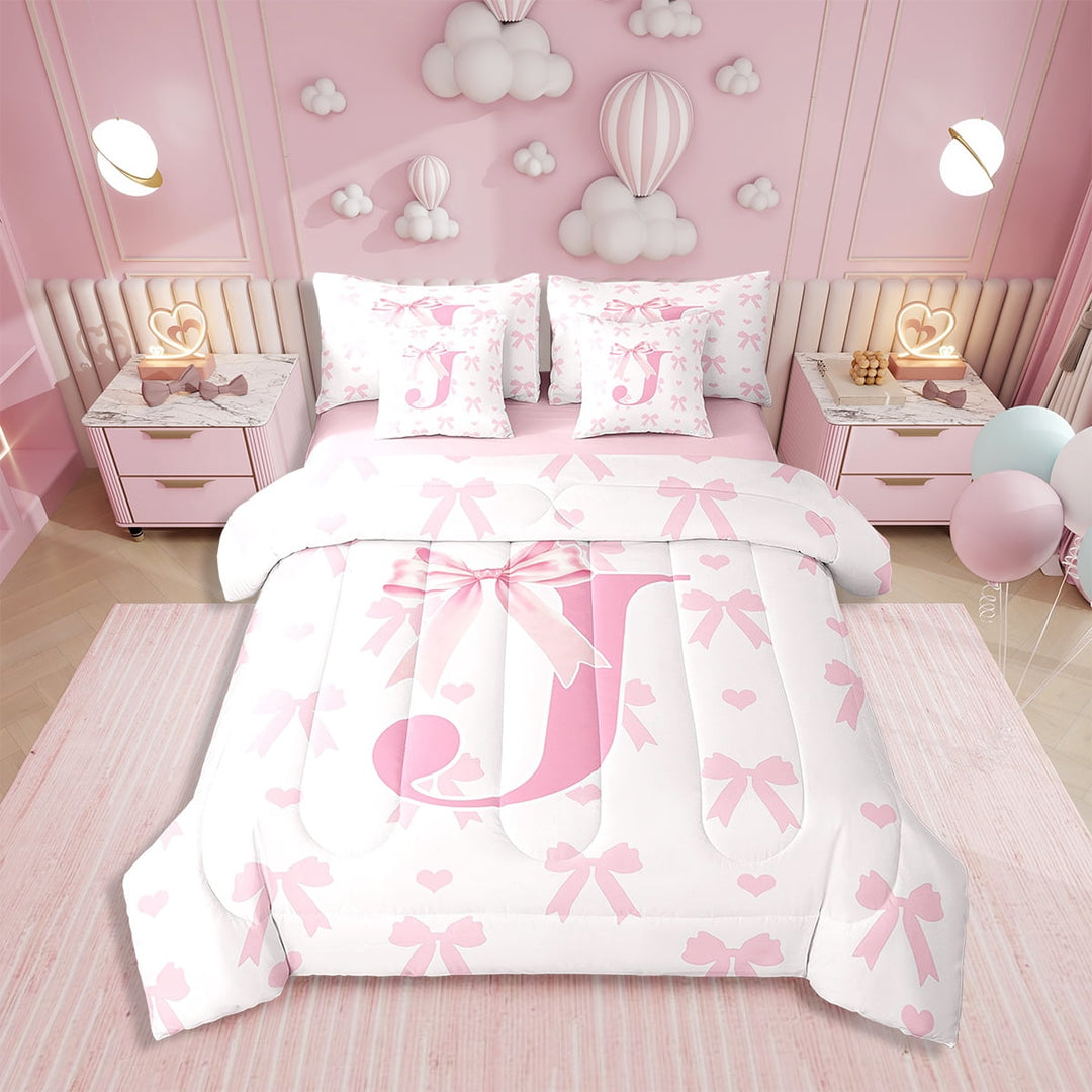 7 Pcs Initial Letter J Comforter Set,Princess Style Pink Bowknot Girly Romantic Bedding Set,Dreamy Bow Love Hearts Pink Bed Set(Comforter+Fitted+Flat Sheet+Pillowcases+Pillow Covers),Twin