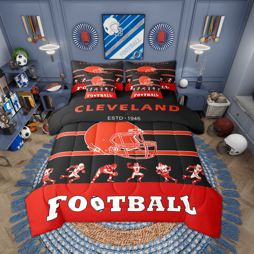 Twin Comforter Set - 7 Pieces Football Bedding Sets Twin Bed in a Bag with Reversible American Football with City Name Comforter, Sheets, Pillowcases &amp; Shams(Cleveland)