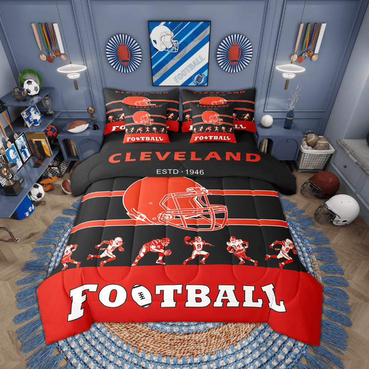 Twin Comforter Set - 7 Pieces Football Bedding Sets Twin Bed in a Bag with Reversible American Football with City Name Comforter, Sheets, Pillowcases &amp; Shams(Cleveland)