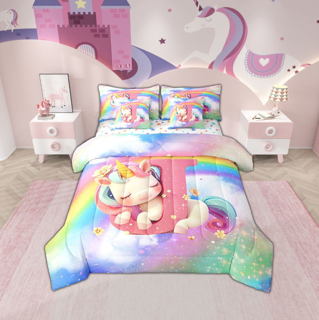 Erosebridal Initial A to Z Letter Bed in a Bag Twin size, Monogrammed J Bed Set, Unicorn Reversible Bedding Twin Size, Microfiber Bedroom Decor, 7pcs